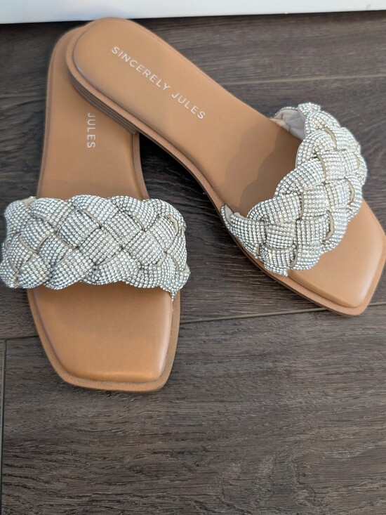 Sincerly Jules Shoes - Sincerly Jules Tan Slide Sandals with Chunky Silver Braided Strap